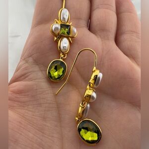 Green Crystal & Pearl Gold Earrings | Executive Chic Style